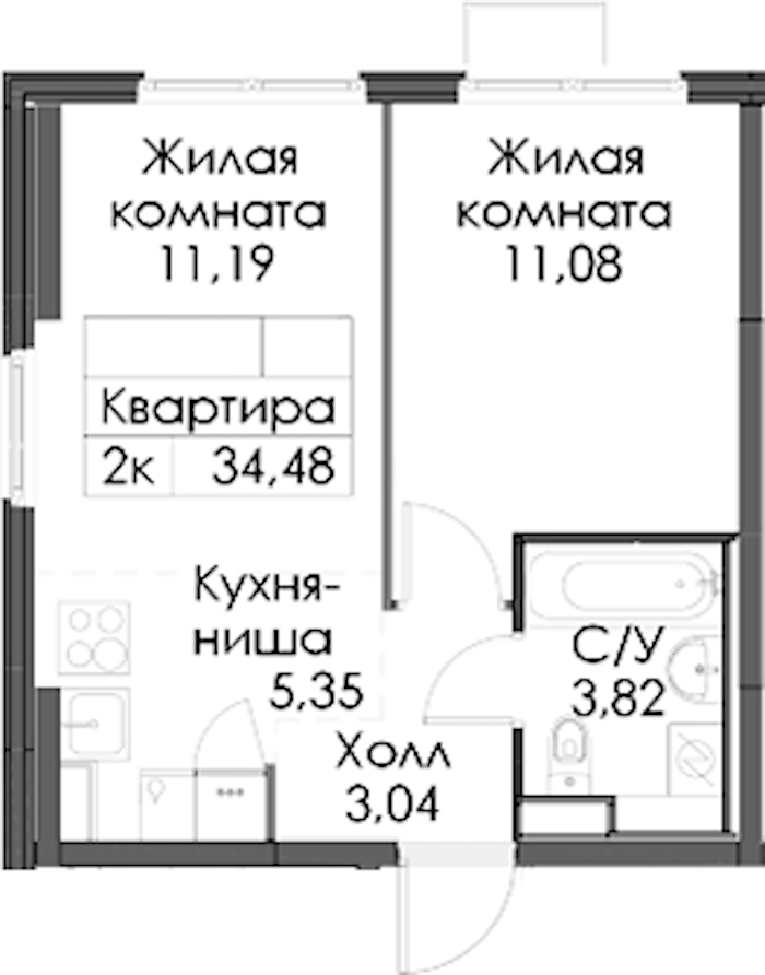 1-комнатная квартира 34.48 м², 8/12 эт., ЖК «Таллинский парк»